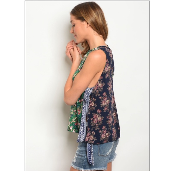 Green and Blue Floral Side Tie Tank - Picture 2 of 2